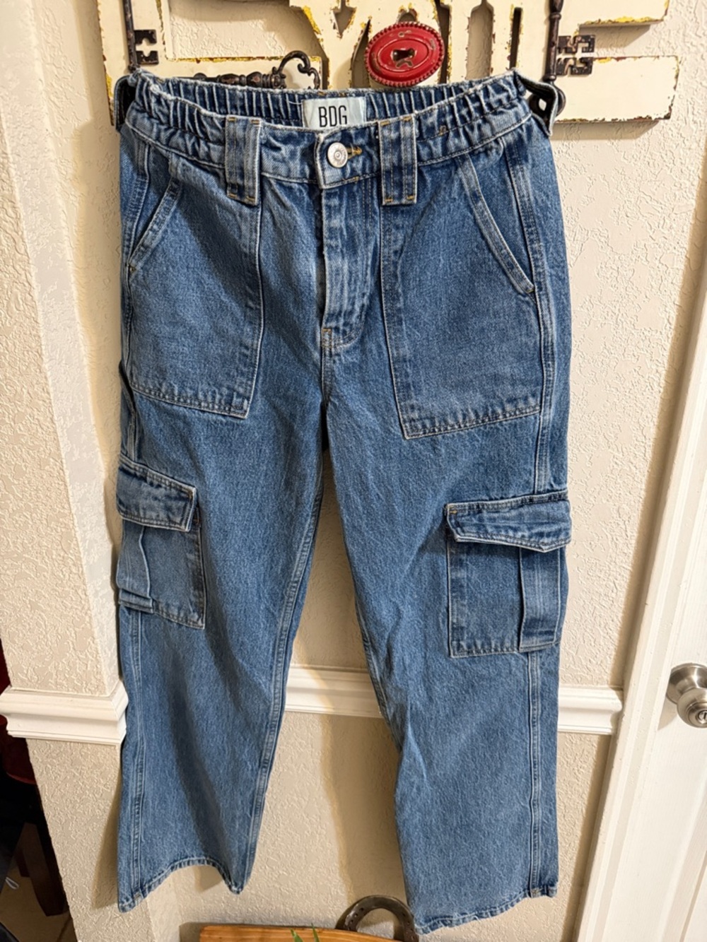 BDG Blue Denim Cargo Pants with Elastic Waist